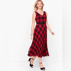 12 petite Talbots red black check buffalo pleated sleeveless dress